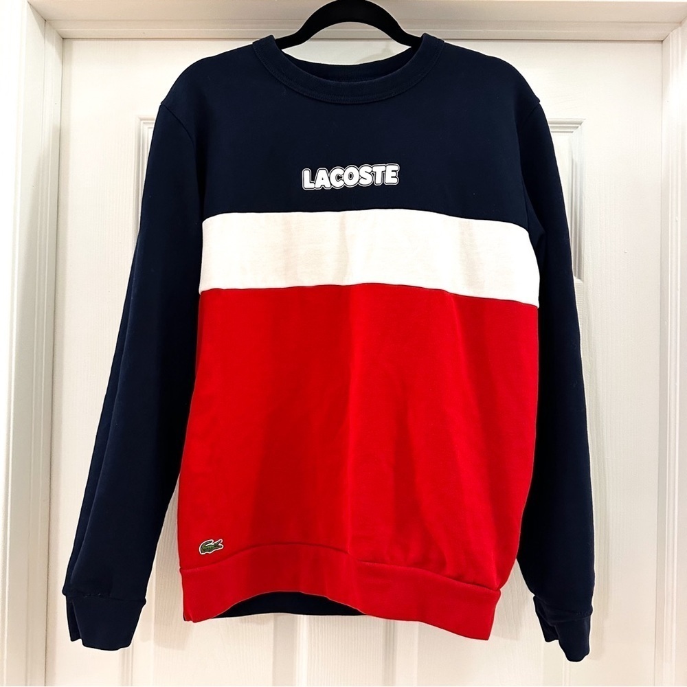 Lacoste Sport Color Block Crew Neck Pullover Sweatshirt Red White Blue sz Small